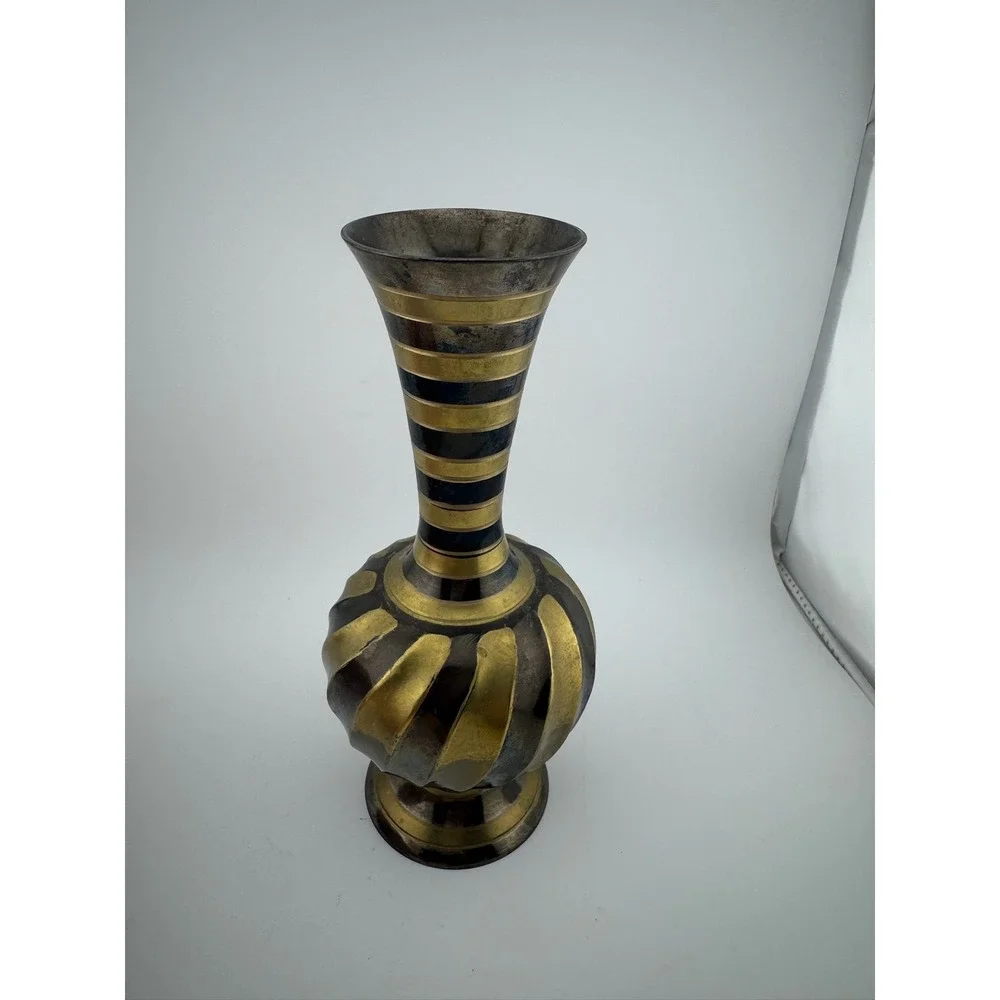Vintage Brass Vase with Black Stripes‎ Made in India Home Decor Bud Vase